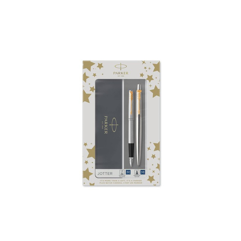 Estuche Parker Jotter bolígrafo y pluma de acero y dorado