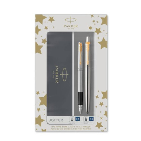 Estuche Parker Jotter bolígrafo y pluma de acero y dorado