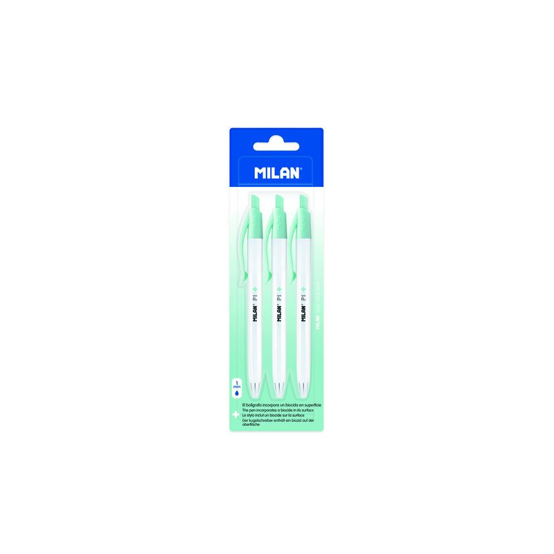 Bolígrafo Milan P1 antibacteriano azul (blíster de 3)