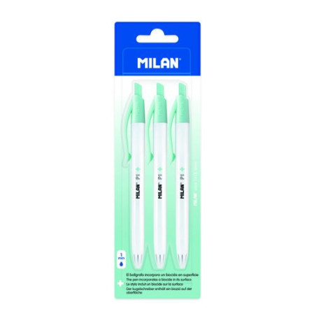 Bolígrafo Milan P1 antibacteriano azul (blíster de 3)